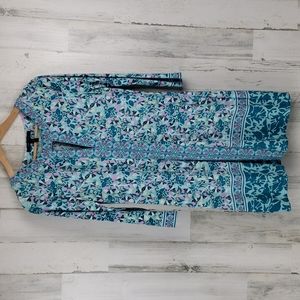 BCBGMaxAzria mosaic floral teal blue shift dress cutout detail Size Small